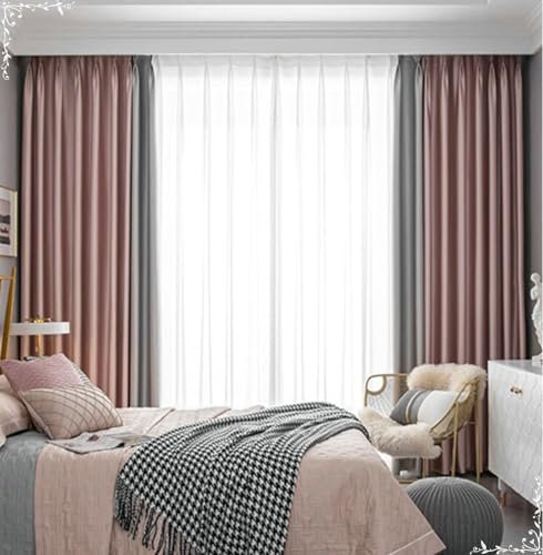 Daesar Vorhänge Blickdicht mit Haken, Gardinen Verdunklung 2er Set Rosa Grau Modern Zweifarbig 137x244CM Schlafzimmer Gardinen Vorhänge Wohnzimmer Kinderzimmer