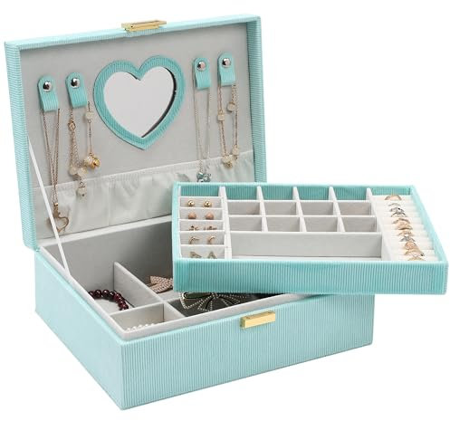 Dajasan Schmuckaufbewahrung, Schmuckkästchen Mädchen, Schmuckkasten Damen, 2 Etagen Große Samt Schmuckkasten für Ringe, Halsketten, Armbänder, Uhren, Ohrringe (Hellgrün)