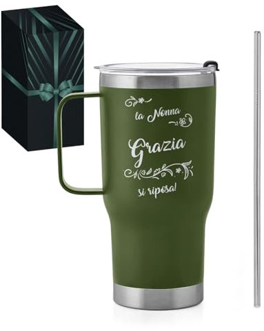 Maverton Bicchiere termico con manico 600ml - Borraccia termica con cannuccia - Tazza termica verde incisa - Tazza personalizzata in acciaio inox - Idea regalo donna - Idee regalo nonna compleanno