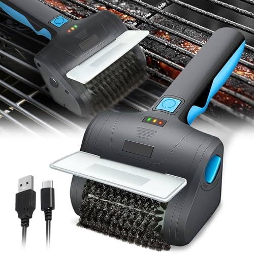 Auto Dynasty Cordless Electric Grill Brush, Rechargeable Grill Cleaning Scrub Brush with Rotating Cleaner Brush Head and Type-C Charging Cable for Outdoor Grill, Blue/Black