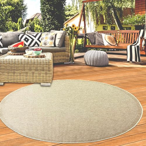 Teppich-Traum Teppich Wohnzimmer Outdoor Garten Balkon Terrasse wetterfest strapazierfähig farbecht mit originellem unifabenen Muster in beige, 200 cm Rund