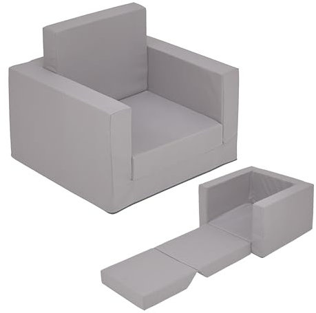 Kinder Polstersessel 2in1 ausklappbar - grau - Kindersessel 48 x 41 cm zum Aufklappen - Kindersofa Gästebett Kindercouch Kuschelsessel Kinderstuhl Polstermöbel Relaxsessel Lesesessel für Kleinkinder