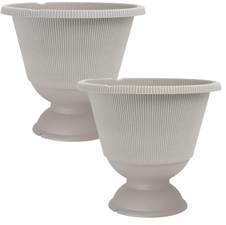 Plastic Round Urn Plant Pot 34cm,13inch Powdered Beige Grey 9.5L Garden Indoor Outdoor Planter Cover Weatherproof Frostproof (2)