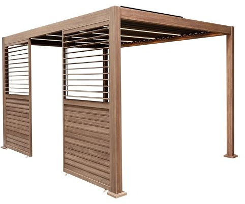 Metal Pergola 4m x 3m Wood Effect With LED Lights & 2 Side Panels Tilting Canopy Roof Aluminium Outdoor Garden Gazebo Sun Shelter Patio UV Protection Weather Resistant Tools & Ground Bolts Included