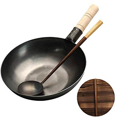 GAOAZHEN Steel Mandarin Style Pre-Seasoned Cast Iron Wok Pan, Classic Series Nonstick Wok