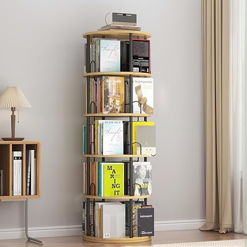 Drehbares Bücherregal 360 Grad, bücherregale Holz, Bodenstehendes ständer Bücherschrank, Aufbewahrungsregal Organisator, buchregal Präsentations für Schlafzimmer Kinderzimmer Wohnzimmer (C, 5 Ebenen)