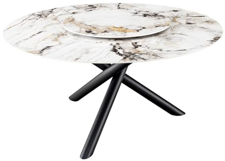 Riess Ambiente Runder Esstisch Spin - 150cm - weiß schwarz Naturstein-Optik - Keramik Metall - mit Abnehmbarer Drehplatte