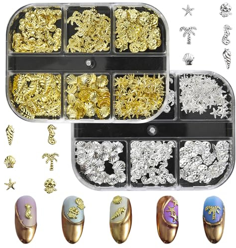 Nail Art Studs, 2 Boxes 3D Ocean Nail Studs Starfish Shell Seahorse Metal Nail Charms Gems for Manicure DIY Crafts (6 Girds Gold Silver)