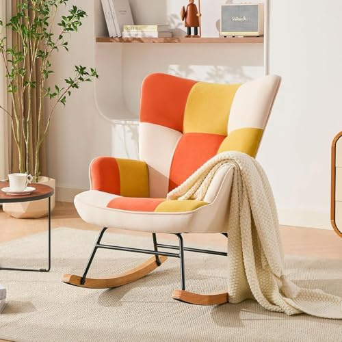 HomeMiYN Fauteuil à Bascule Floral avec Cadre métallique et Base en Bois Fauteuil oscillant Relaxchair Fauteuil rétro Salon Fauteuil à Bascule rembourré Scandinave (Patchwork Orange + Jaune)