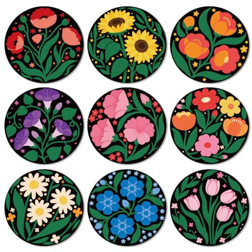 ANATTASOUL Wood Coasters Set of 9 for Drinks Art Flowers Pattern Colorful Wooden Cup Mat for Coffee Table Decor, 3.9 Non-Slip Desk Coasters for Home, Apartment, Office, Bar Gifts