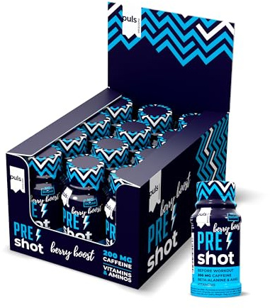 PULS Pre Workout Shot Berry Boost 12x60ml, 200mg Koffein, Beta-Alanin & AKG | Pre-Workout-Booster mit je 200 mg Koffein, Beta-Alanin, Arginin AKG & B-Vitaminen; trinkfertiger 60-ml-Shot vor dem Training.