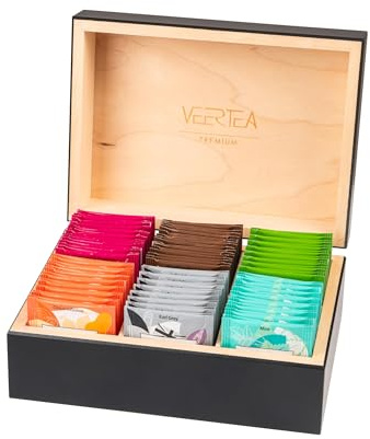 Veertea Tee - Teebox - Tee Geschenkset - Tea Set - Sorgfältig Ausgewählte Sorten - Teebox Holz - Teemischung - 6 Geschmacksorten, 90 Beutel - Box 26x17x11cm - Schwarz