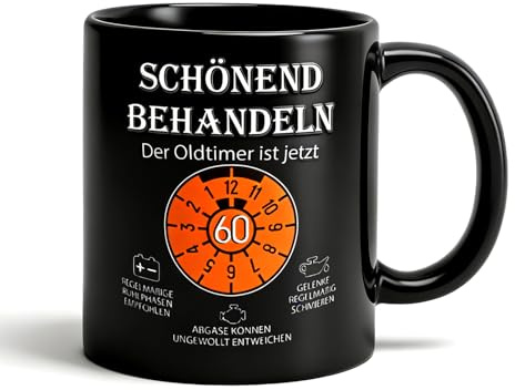 Keramik Tasse 60 Geburtstag Mann 350ML Kaffee Tasse 60.Geburtstag Geschenke | Kaffeetasse Personalisiert Mit Spruch SCHÖNEND BEHANDELN Der Oldtimer ist jetzt 60, Lustige Cappuccino Tassen Kaffebecher