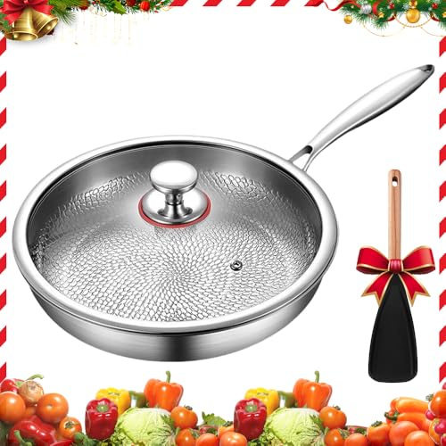 UIRPK Titanium Frying Pan,Titanium Hammered Pan Pro with Lid,Uncoated,Scratch-Resistant,for Cooking for Electric, Induction, Gas Stoves, Fast Even Heating,Gifts for Cooking Enthusiasts (Large 12in)