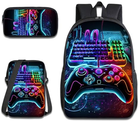 Nhemeylp 3PCS Gaming School Bag Set, Waterproof Backpack with Crossbody Bag & Pencil Case, Durable Boys Backpack for Kids Teens School Travel Camping Daily Use Gift