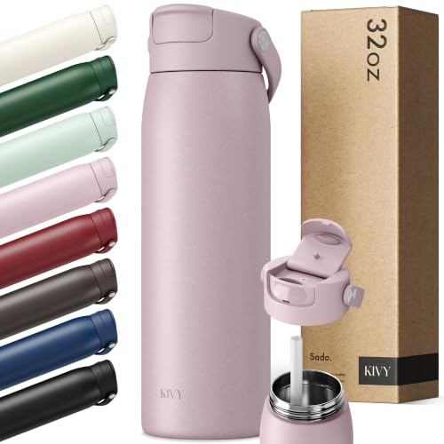 KIVY Botella de acero inoxidable de 1 l con pajita, termo de 1 litro, apta para lavavajillas, botella para gimnasio y fitness, botella térmica deportiva, botella de agua de acero inoxidable, aislada