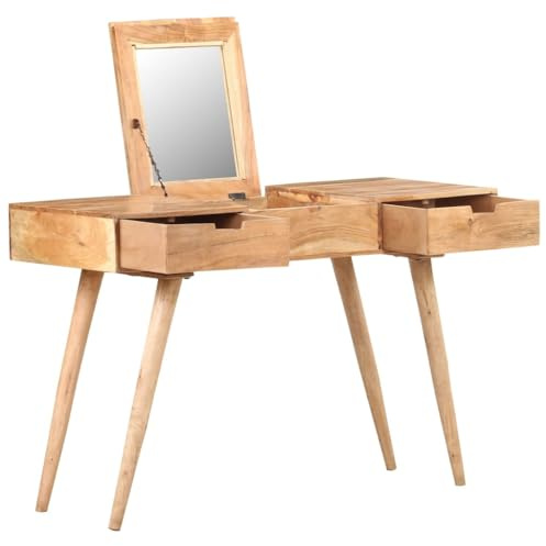 Keeushr Schminktisch mit Spiegel aus Massivholz Akazie 112x45x76 cm mit 2 Schubladen und verstecktem Aufbewahrungsfach für Schlafzimmer Frisiertisch Kosmetiktisch Holz