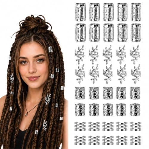 MLRUQRX Lot De 40 Pièces Argentées, Perles Et Spirales Réglables Pour Dreadlocks, Accessoires Coiffure Tresses Hommes Femmes, Taille Standard.