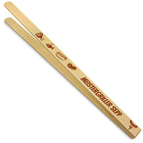 printplanet® - Holz Grillzange mit Meistergriller Sepp - graviert - Gravierte Holzgrillzange mit Namen - 40 cm Länge