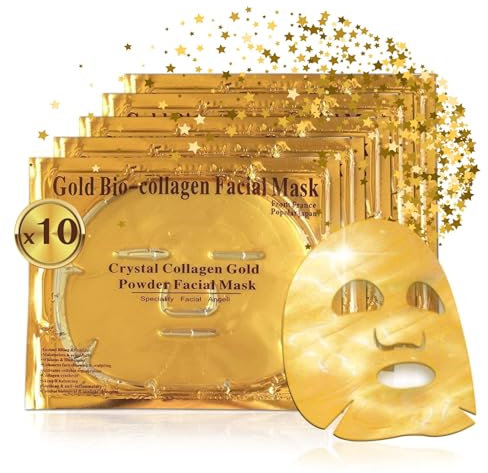 Crystal Collagen Gold Gel Gesichtsmaske 24k - Luxus Anti-Aging Gel Maske, Tuchmaske - Feuchtigkeitsspendend & verjüngend - reduziert Feine Linien, Augenringe & geschwollene Augen (Stück:10)
