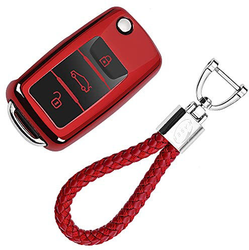 KASER Funda Carcasa Llave Coche Silicona TPU Compatible para Volkswagen VW Ibiza Leon Skoda Octavia Llaveros Cover Protección Mando a Distancia (Rojo)