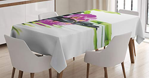 ABAKUHAUS Zen Motiv Tischdecke, Purple Orchid Bambusse, Wasserfest Waschbar mit Klar Sichtbaren Farben kein Verblassen Personalisiert, 140 x 170 cm, Lila Schwarz und Grün