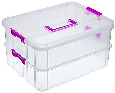 IGNPION 2-Tier Stackable Craft Storage Box Plastic Adjustable Storage Containers with Carry Handle Transparent Containers Organiser for Art & Craft Toys, Sewing Accessories, Purple