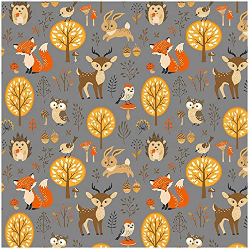 VmG-Store Baumwollstoff Meterware 140cm Breite Stoffe zum Nähen Nähstoff Kinderstoff für Kissen Babykleidung Kinderkleidung DIY (Tiere im Wald Grau Bc017)