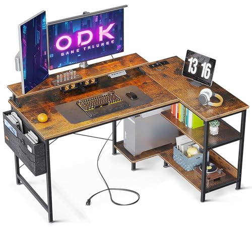 ODK Gaming Tisch L Form, 120x80cm Schreibtisch L Form mit Regal Reversibe, Eckschreibtisch mit USB-Ladeanschluss & Steckdose, Ecktisch mit Monitorständer für Büro, Heimbüro, Braun