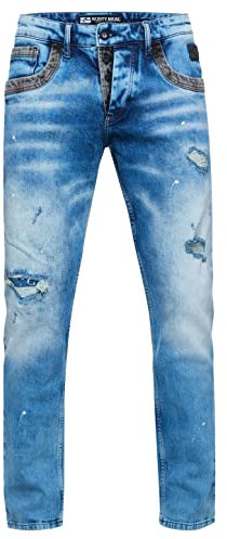 Rusty Neal Jeanshose Herren Jeans Straight Fit Stretch Streetwear 'YOKOTE' Jeans-Hose Stone-Washed Strech Denim Kontrast Destroyed 240, Farbe:Light Blue Used, Größe Jeans L32:38W / 32L
