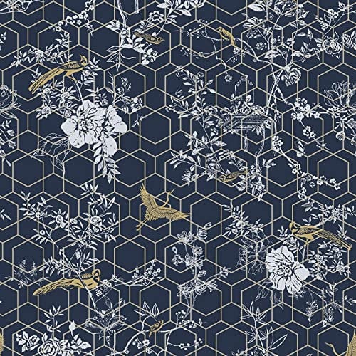 Muriva Lipsy Himara Wallpaper-Modern Floral Wallpaper Living Room,Bedroom,Fireplace-Decorative Nature Luxury Wall Paper w/ Flowers,Birds & Metallic Gold Geometric Print (Navy Blue),Blue,gold