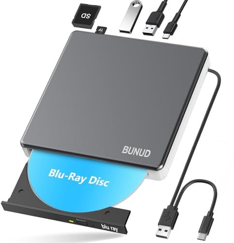 Externes Blu Ray CD DVD Laufwerk USB 3.0 & Type-C CD/DVD Blu-Ray Brenner Writer mit 2 USB & SD/TF Slots, Optical 3D BD Bluray Laufwerk Extern für PC Laptop Windows 11/10 Mac MacBook