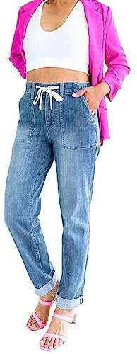 Pantalones vaqueros de pierna recta para mujer, cintura elástica, pantalones largos de mezclilla con cordón, informales, sueltos, 01# azul., S