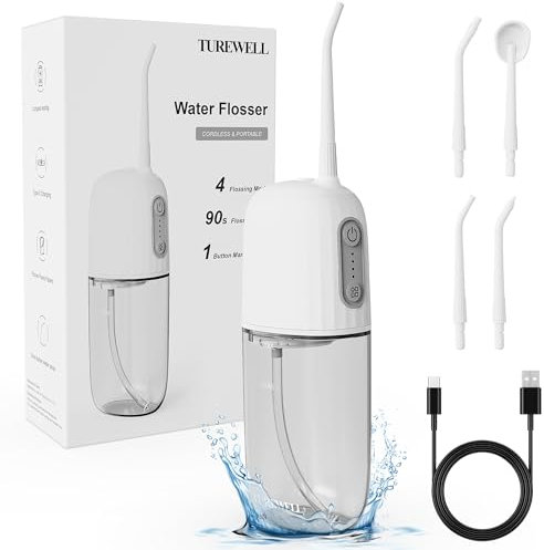 TUREWELL Irrigador Bucales, Portatil Irrigador Dental con 4 Boquillas 4 Modos de Pulso, 200ML Capacidad, IPX7 Impermeable, Recargable Irrigador Oral para Limpieza Dental Oral, para Familia y Viajar