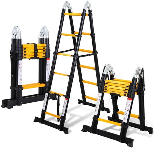 Ikodm 3,8M (1.9+1.9) Teleskopleiter Klappleiter Alu Multifunktionsleiter, Mehrzweckleiter Tragbar Ausziehleiter Max Belastung 150 KG/330 Pfund, Rutschfester, Schwarz Gelb
