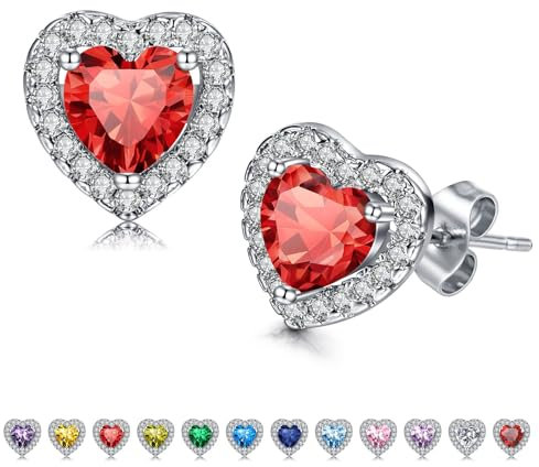 NIUSIMAN Herz Geburtsstein Ohrringe für Frauen,Weißgold vergoldet S925 Sterling Silber Ohrstecker für Frauen Mädchen Mama rot Herz Geburtsstein Ohrringe Valentinstag Geburtstag Juli