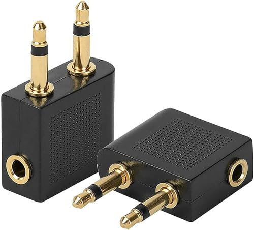 2 pack Airplane Airline Flight Adapters for Headphones, AUX (2 Pack, Golden Plated)