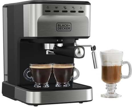 Black+Decker Semi-automatic 15 bar espresso and cappuccino machine, versatile machine with possibility of using grounds or ESE pods to prepare your perfect cup of coffee