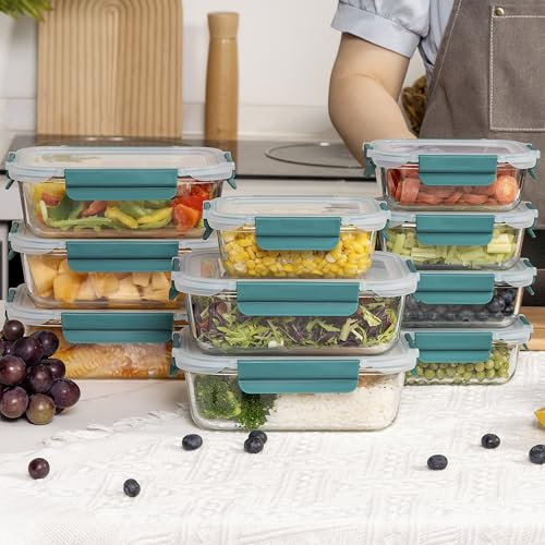 HOUSZY Glass Food Containers with Lids – Set of 10 Borosilicate Glass Meal Prep Containers with Airtight Snap-Lock Lids – Oven, Microwave & Freezer Safe – 370ml & 1050ml (Green)
