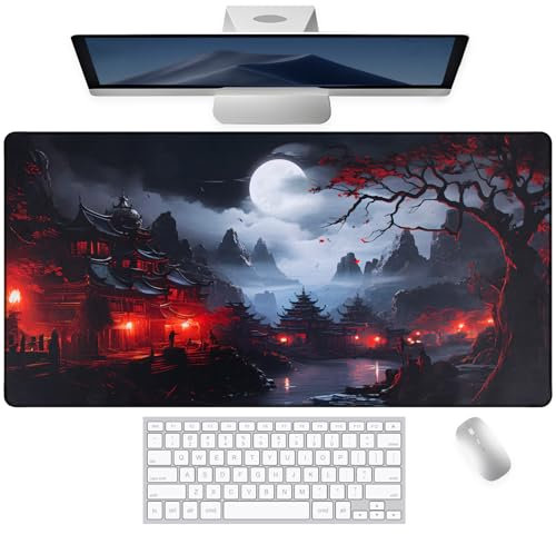 Janpanese Großes Gaming-Mauspad für Schreibtisch (80 x 40 cm) für Tastatur und Maus mit rutschfester Gummiunterseite, doppelt genähte Kanten, schwarz-rot, Anime-Laptop-Mauspad,