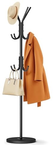 MISSLO Heavy Duty Coat Rack Freestanding with Stable Wood Base Modern Coat Tree with 12 Hooks Adjustable Coats Hanger Stand Stylish Standing Clothes Tree for Entryway Bedroom Corner Hall (Black)