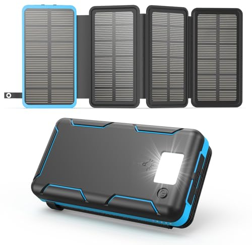 A ADDTOP Solar Power Bank - 25000 mAh Solar PowerBank mit 4 Solarpanels - 3.0A Schnelllade Ladegerät Tragbare Akkupack Externe Handyakkus mit 3 Ausgangs für Smartphone Tablet