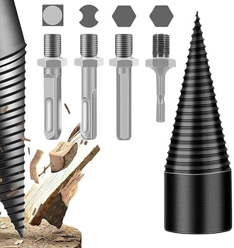 5Pcs Holzspalter Bohrer 32mm - Bohrkegel Holzspalter Bohrer Set mit 4 Bohrgriffe für Brennholz, Akkuschrauber,Holzspalter & Bohrmaschine mit Bohrmaschine, Akkuschrauber