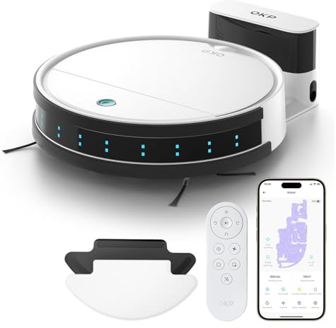 OKP Robot Vacuum Cleaner with Mop 3-in-1, 120min Runtime, Precise Obstacle Avoidance, Robotic Vacuum Ultra-slim 3 inch with Remote Control, Self-Charging, WiFi/App/Alexa,Ideal for Pet Hair, Carpets