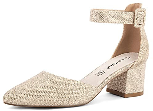 Greatonu Women Lady Party Wedding Closed Pointed Toe Mid Block Heels Ankle Strap Gold Glitter Mary Jane Court Shoes Size 5 UK
