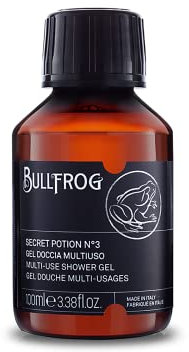 Bullfrog – Mehrzweck-Duschgel Secret Potion N.3: Körper-, Gesichts- und Haarreiniger, 88% natürliche Inhaltsstoffe, mariner und holziger Duft, hergestellt in Italien, 100 ml