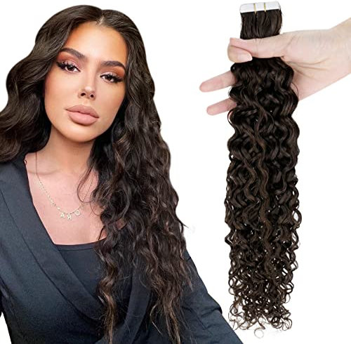 RUNATURE Locken Tape in Extensions Echthaar Braun 45cm Unsichtbar Tape Extensions Echthaar Wellig Natürliche Dunkel Braun Tapes Echthaar Haarverlangerung 50g 20stück Farbe #2