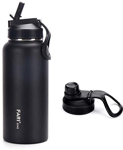 FARI Sports Water Bottle with Straw & Spout Lids – 660ml/960ml/1200ml, Double Wall Vacuum Insulated Stainless Steel with Wide Mouth to Keep Beverages Cold or Hot (960ml, Black)