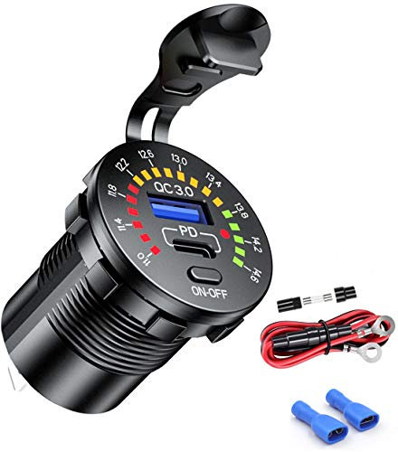 iMESTOU 12V USB C Charger with Voltmeter Switch Waterproof Dual USB Car Charger Fast Charging Socket Dual Power Outlets for Motorcycles, Marines, UTV, RV and More