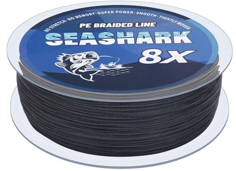 Seashark Lenza da pesca intrecciata, colore non sbiadisce, 8 fili, super forte, in polietilene, resistente all'abrasione, trazione da 2,7 kg a 36,3 kg (nero, 2,7 kg, 0,10 mm-300 m)